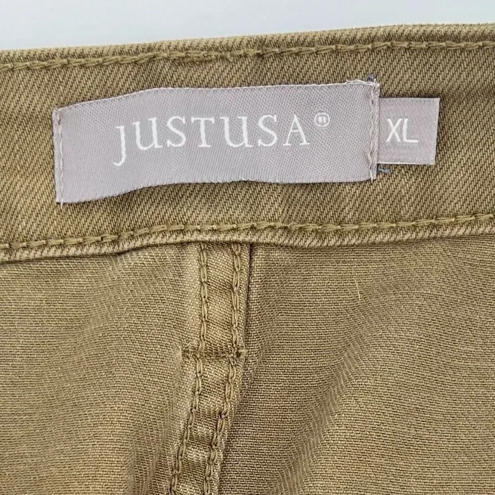 JustUSA Women Cargo Mini Skirt Size XL Olive Green Cotton Stretch Pockets Summer